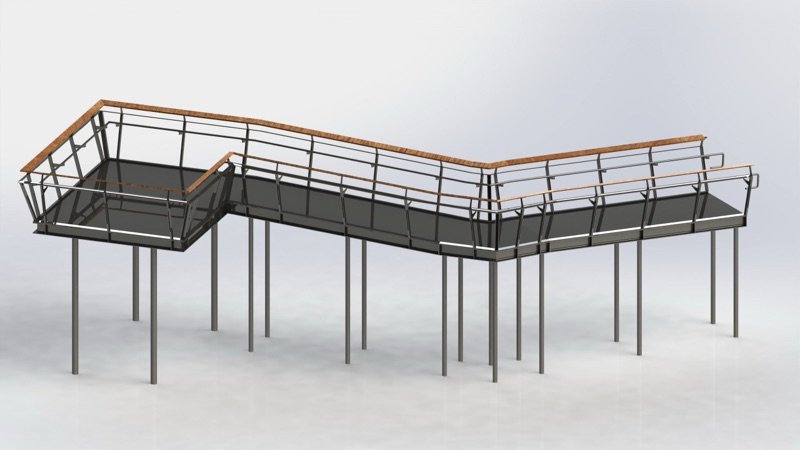 Elevated steel platform with a bar balustrade and timber-topped handrail