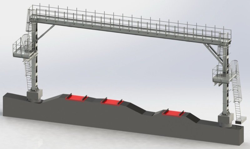 Portal gantry with a top walkway, access stairs and a caged ladder