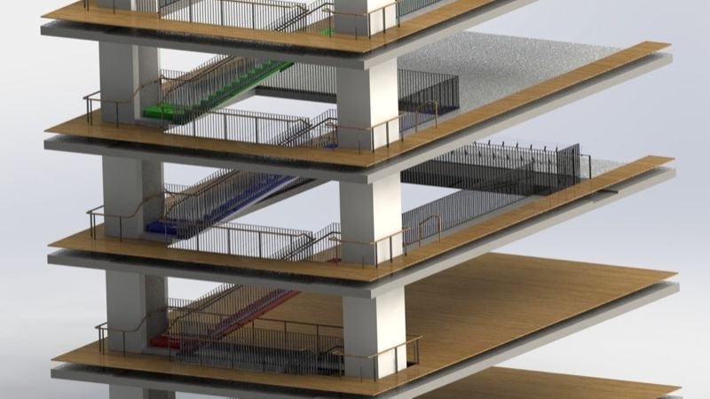 Balustrades and handrails along floor edges and stairs on several levels