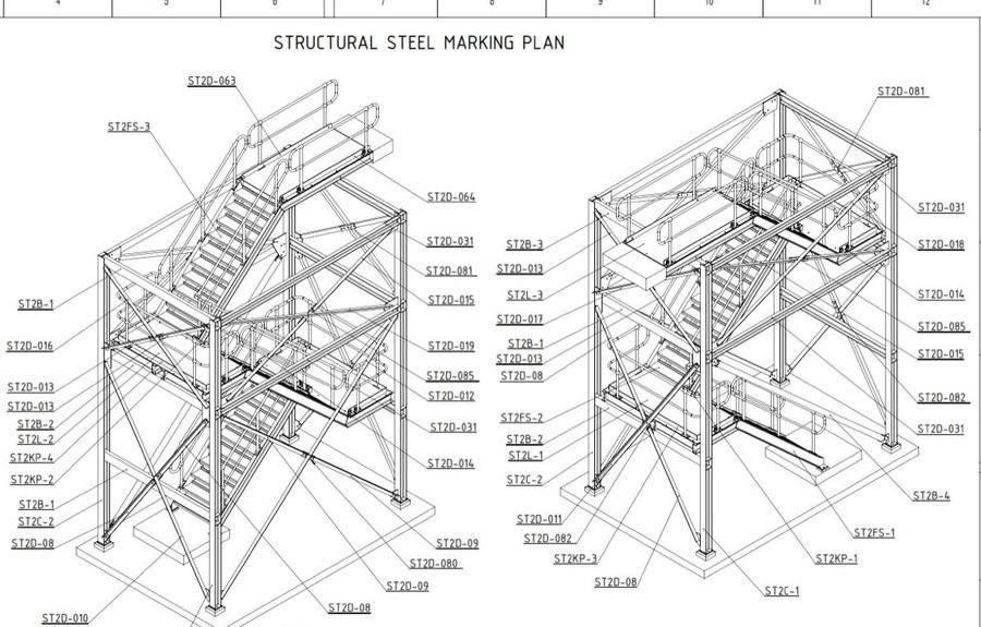 Structural steel marking plan: two isometric views with part marks
